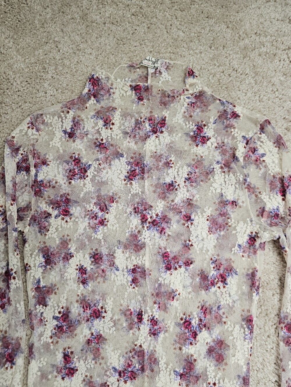 Free People Lady Lux Layering Top Floral Mesh Long Sleeve Mock Neck Ivory Small - Picture 4 of 10